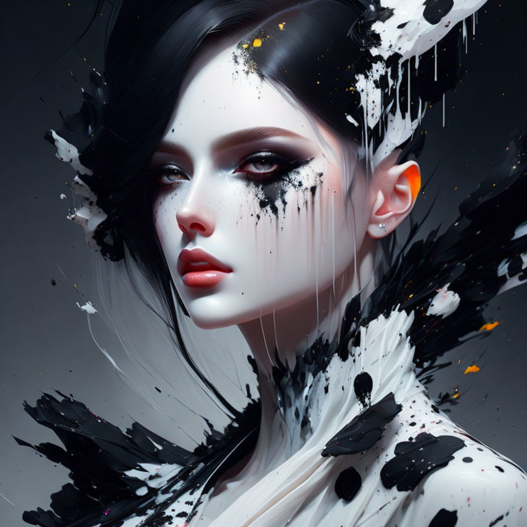 Woman with Striking Makeup and Black & White Paint Splatter Effects