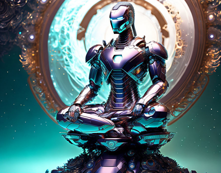 Futuristic armored robot with illuminated chest piece in celestial backdrop