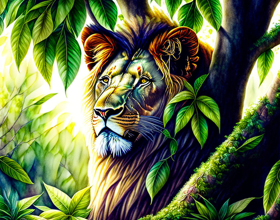 Colorful Lion Illustration with Jungle Scene and Green Leaves