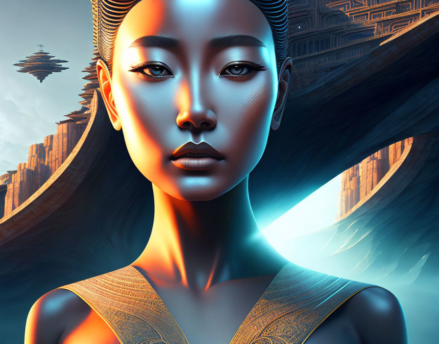 Digital artwork featuring woman with metallic skin and traditional Asian patterns