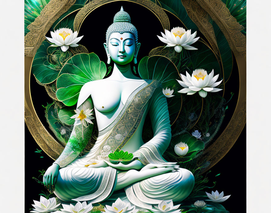 Meditating figure with golden halo and lotus flowers on dark background