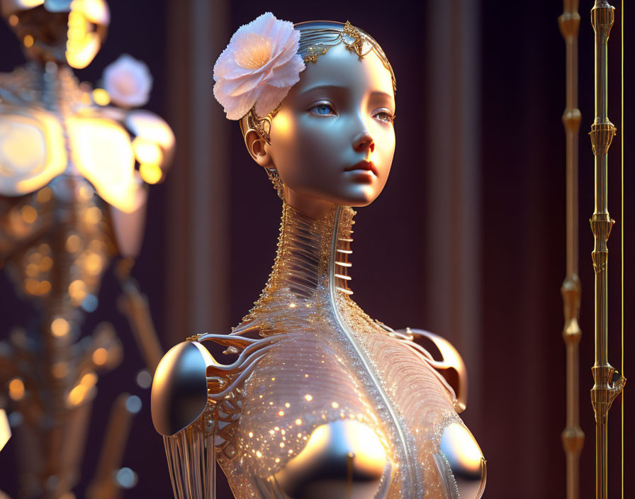 Detailed metallic design on elegant female robot with white flower, against golden backdrop