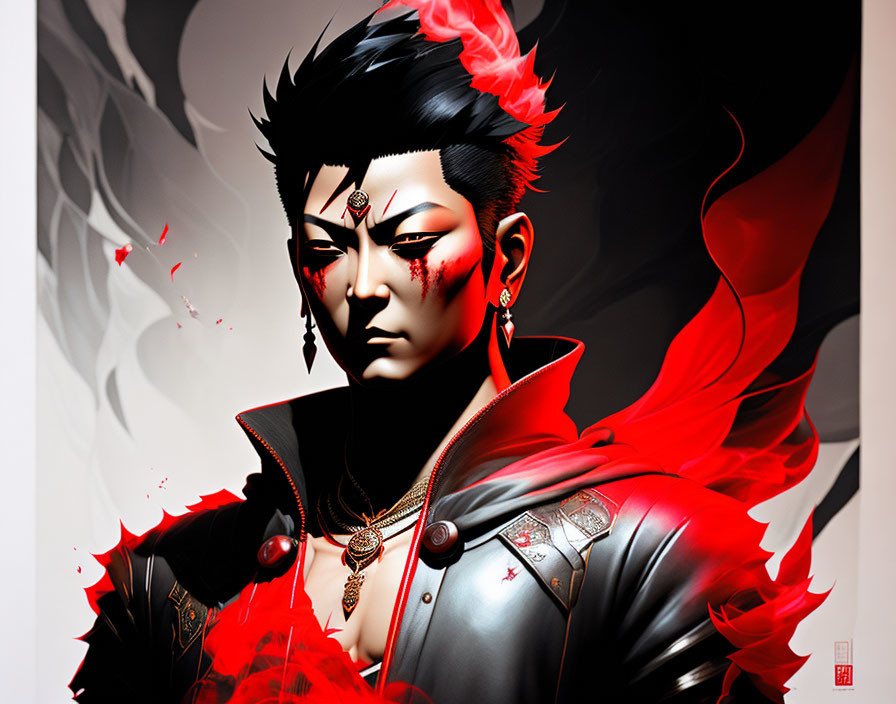 Character illustration with black hair, red streaks, tattoos, red & black jacket