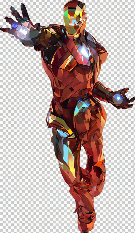 Digital art: Character in red and gold armor suit with glowing hand repulsors