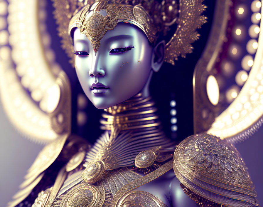 Detailed digital artwork of a woman in golden headdress and armor