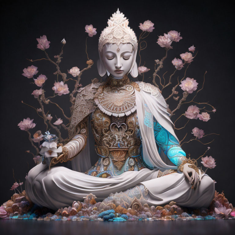 Detailed sculpture of serene deity amidst blossoming flowers & coral-like formations