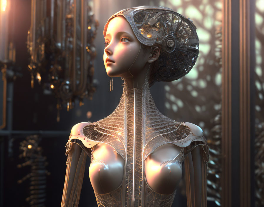 Intricate Female Robot 3D Rendering with Detailed Mechanical Body