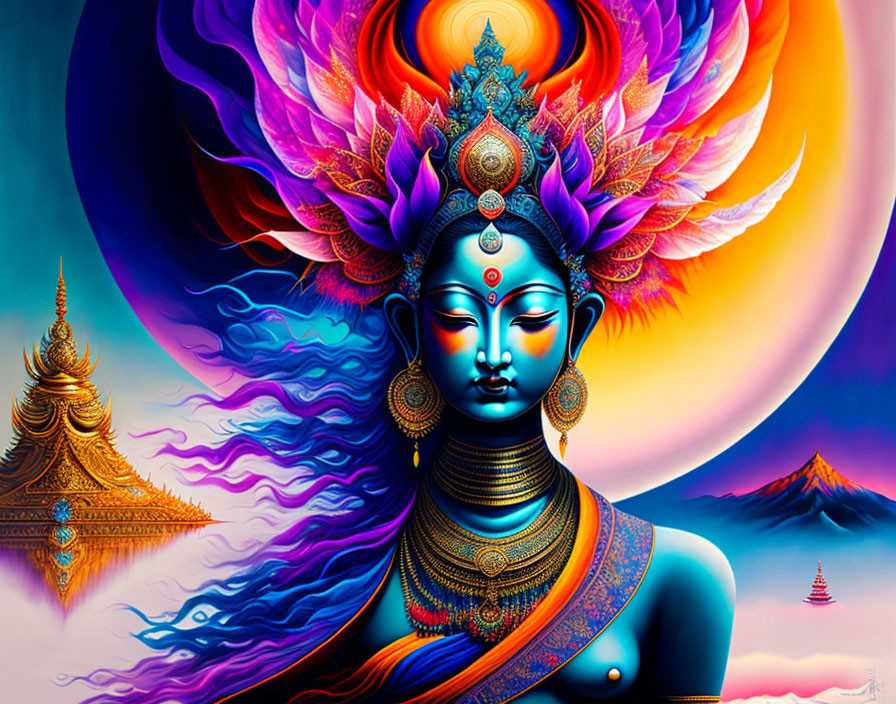 Four-armed blue-skinned deity in ornate headpiece against colorful background.