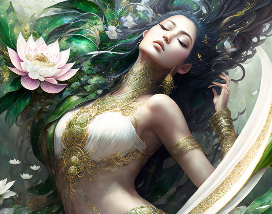 Ethereal woman adorned with gold jewelry and tattoos in serene water surrounded by lotuses and foliage