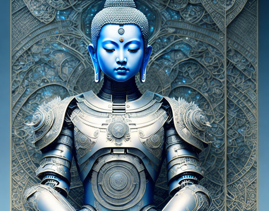 Blue robotic figure resembling a Buddhist deity with intricate patterns and mechanical elements on ornate background.