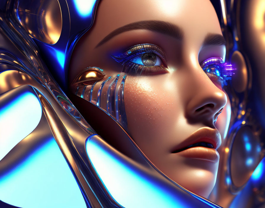 Photorealistic female android with blue metallic skin and glowing purple eyes