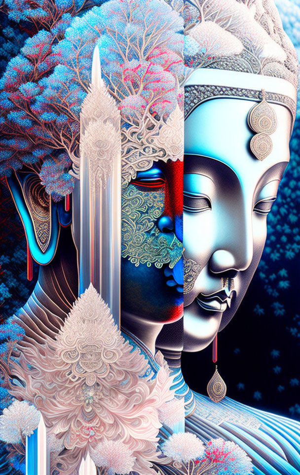 Colorful split-face Buddha artwork with intricate patterns