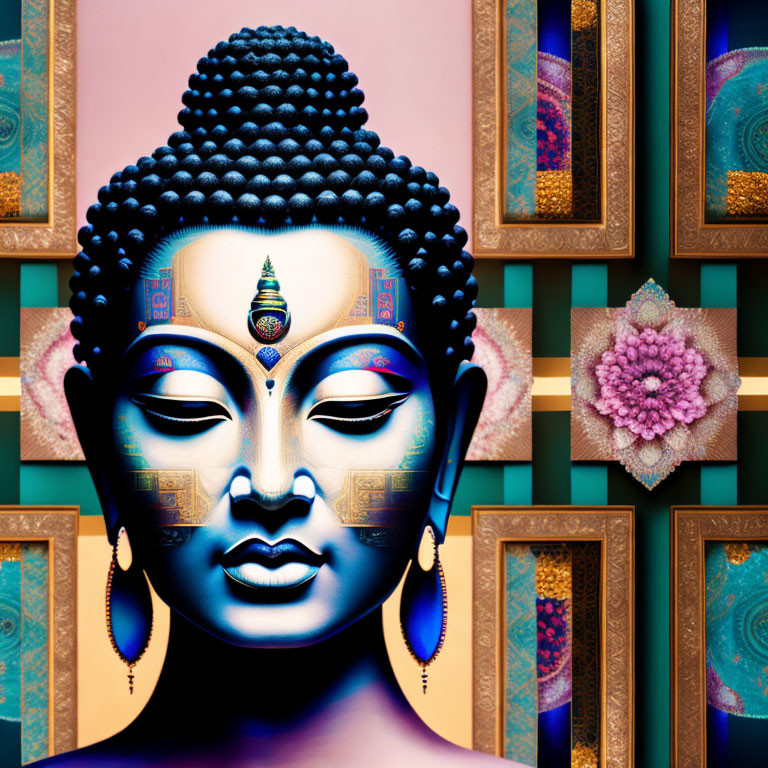 Colorful Buddha Face Illustration with Ornate Patterns and Gold Details