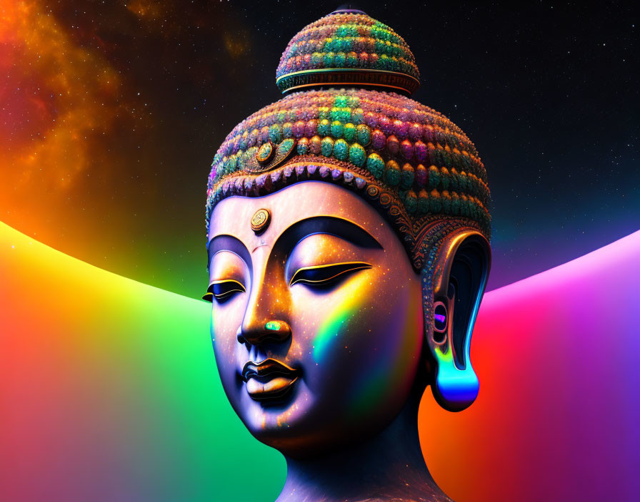 Multicolored digital art: Buddha head on cosmic rainbow background