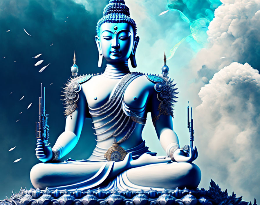 Tranquil digital artwork: multi-armed figure meditating in serene blue palette