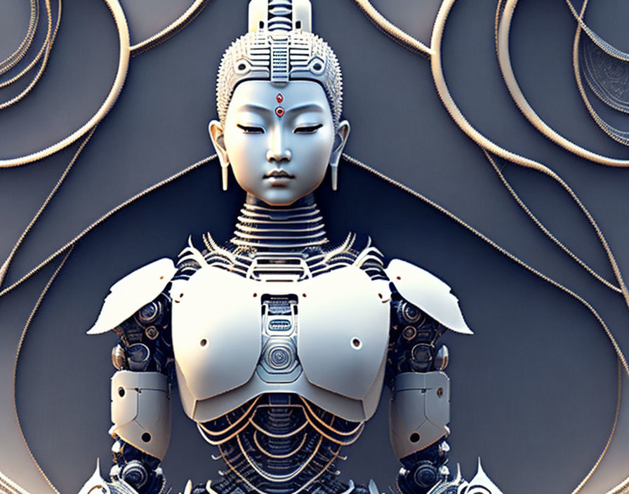 Futuristic robotic figure with intricate mechanical details