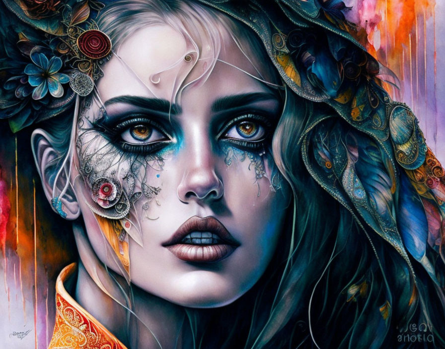 Surreal portrait of woman with mechanical and floral elements