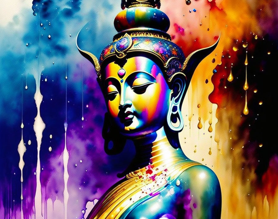 Colorful Buddha Figure with Blue Skin and Traditional Adornments on Vibrant Background