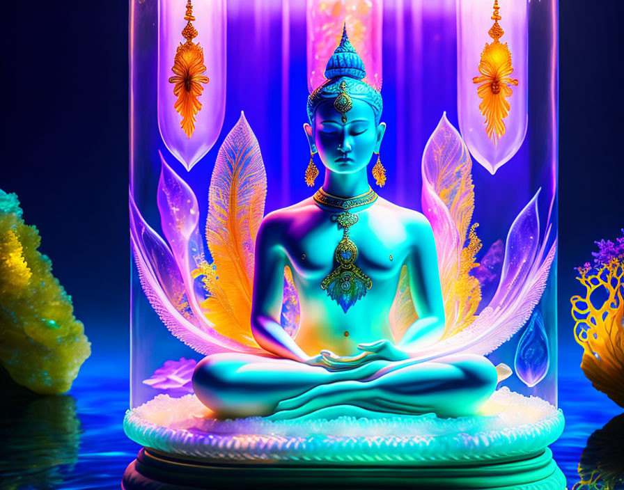 Digital artwork: Meditative figure with blue skin in glass dome, surrounded by neon flora & feathers