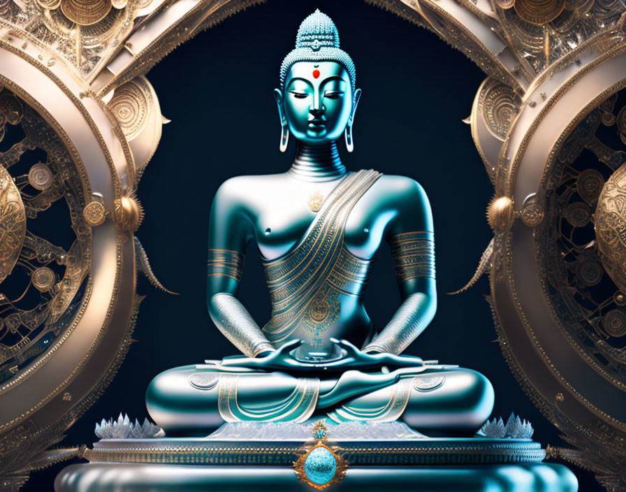 Blue-toned meditating figure with golden ornaments and gears.