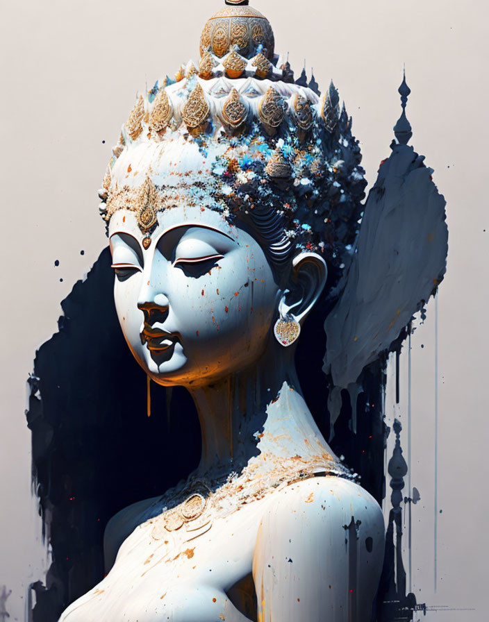 Serene Buddha head digital art with colorful splashes