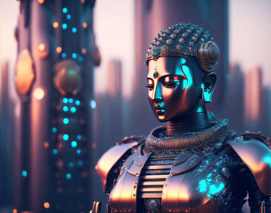 Futuristic android with intricate Indian jewelry against neon-lit pillars