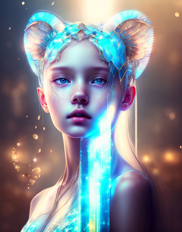 Digital artwork featuring girl with luminescent blue ears and glowing lines in mystical setting