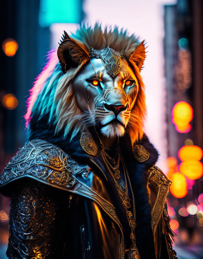 Regal anthropomorphic lion in ornate armor against cityscape