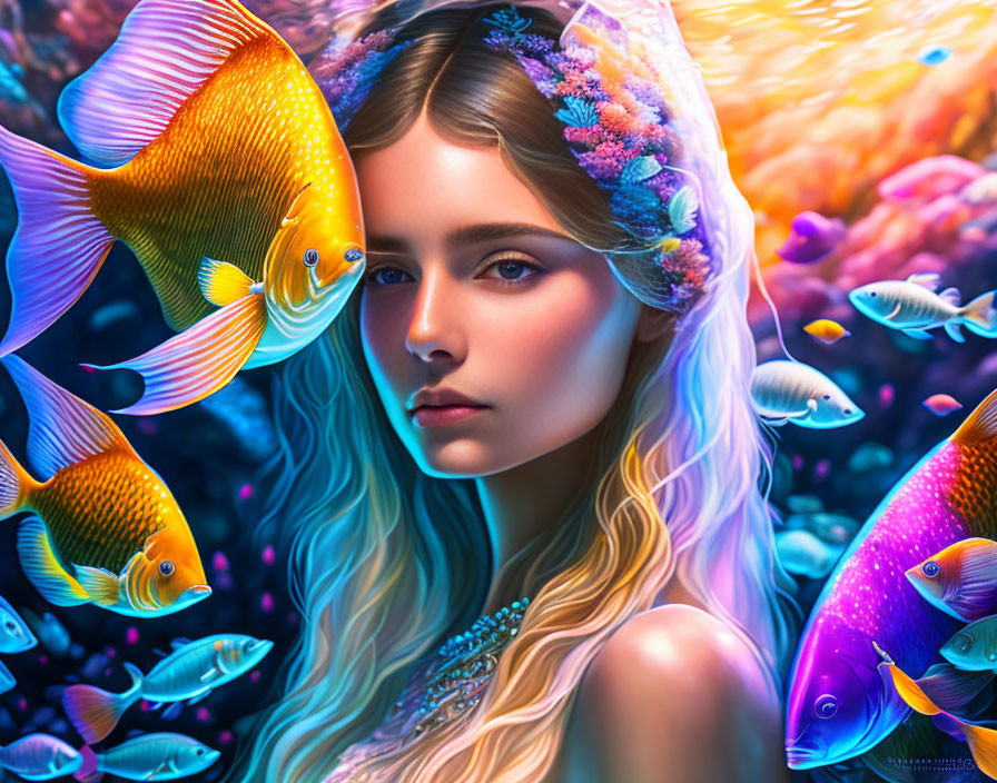 Vibrant digital artwork: woman surrounded by swimming fish in dreamlike underwater scene