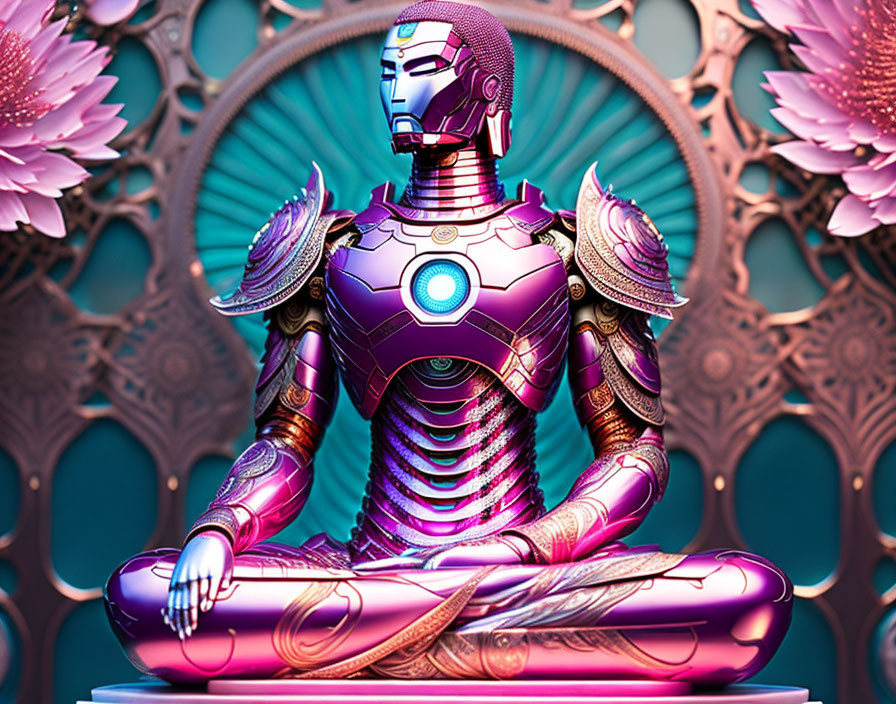 Futuristic robotic figure in meditative pose with intricate armor and floral backdrop