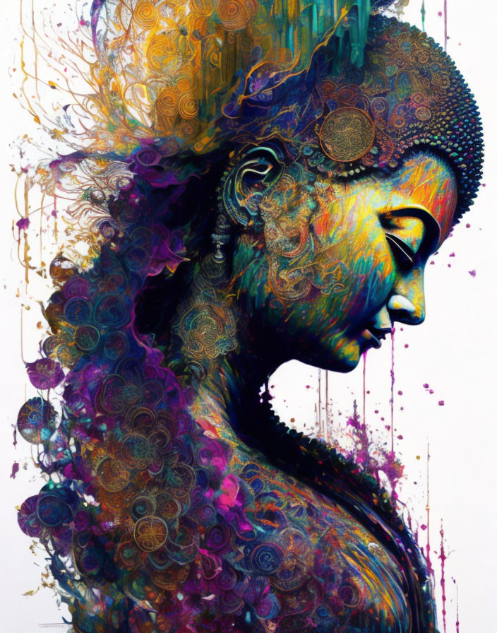 Colorful side-profile portrait of a woman with intricate patterns and dripping paint details.