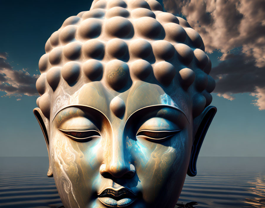 Tranquil Buddha statue face against serene sky and water horizon