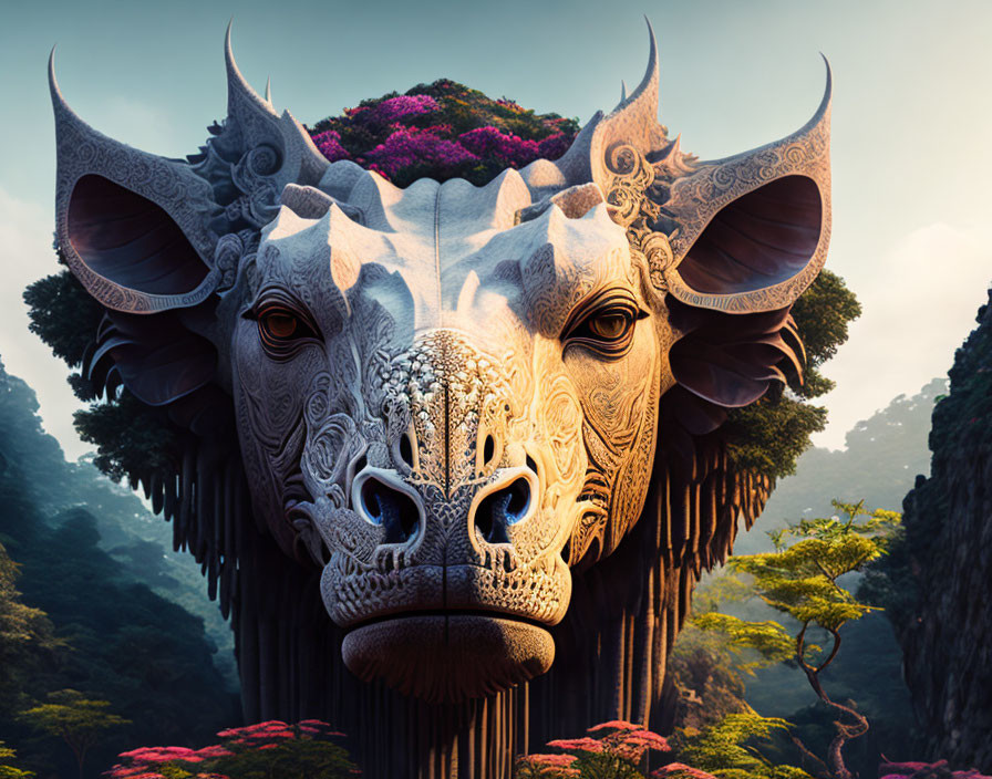 Intricately Carved Stone Bull's Head in Lush Forest