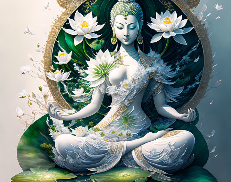 Serene multi-armed figure adorned with jewelry among lotus flowers