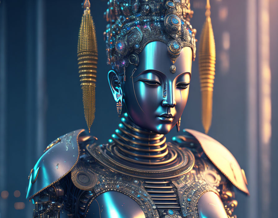 Detailed digital artwork: Robotic figure with ornate headgear and metallic armor