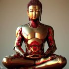 Digital art: Serene figure in meditative pose with gold and red mechanical armor