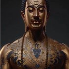 Stylized Figure with Golden-Brown Skin and Intricate Blue and Gold Adornments