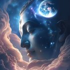 Colorful digital artwork: Serene Buddha in cosmic setting