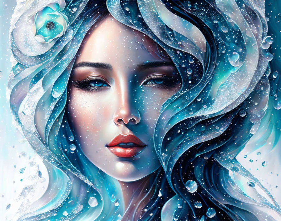 Woman with Blue Wavy Hair, Pearls, Petals, and Water Droplets