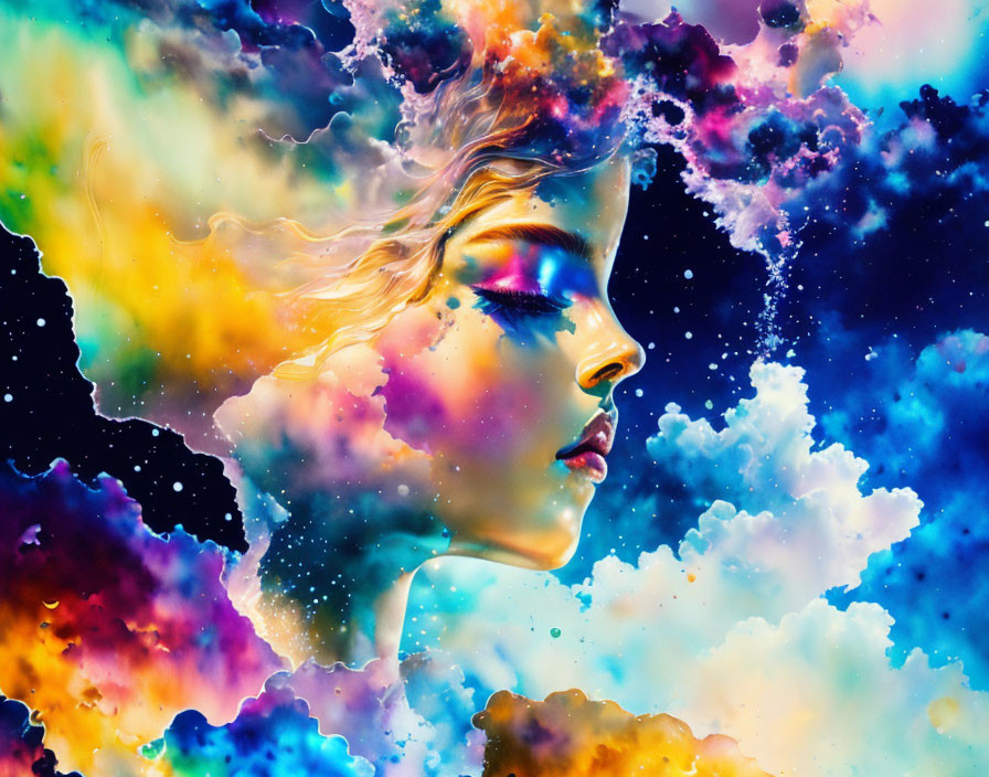 Colorful surreal portrait of a woman with nebula clouds and stars.