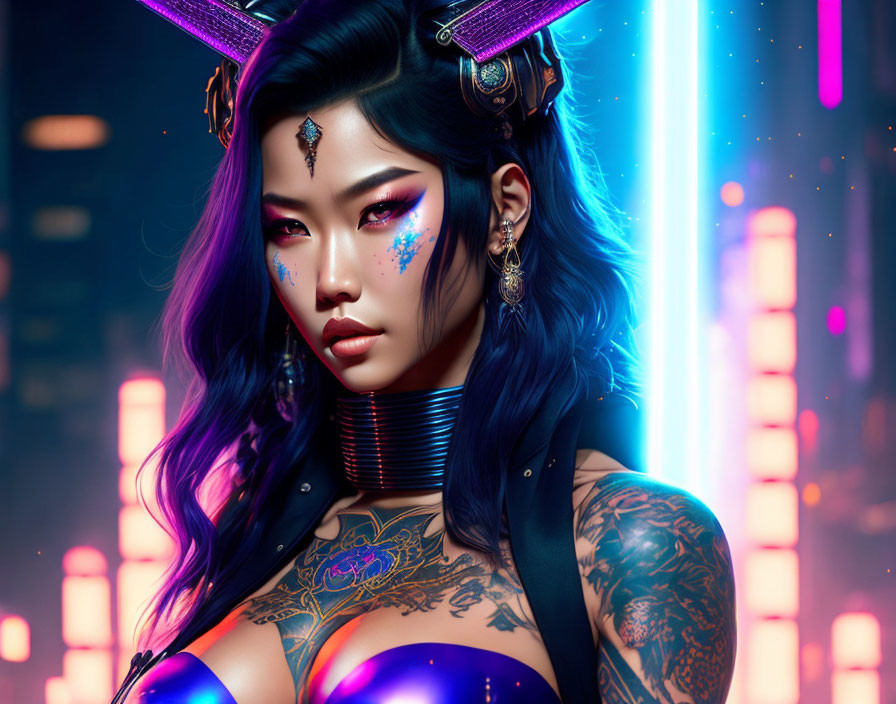 Futuristic cyberpunk woman with tattoos and neon lights