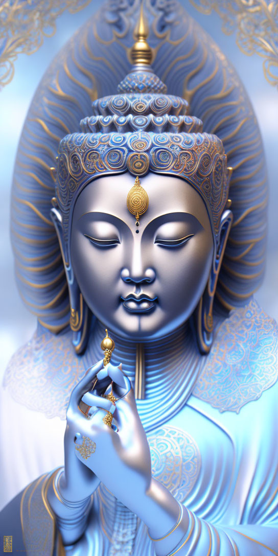 Serene blue-toned Buddha figure with golden accents in meditative pose