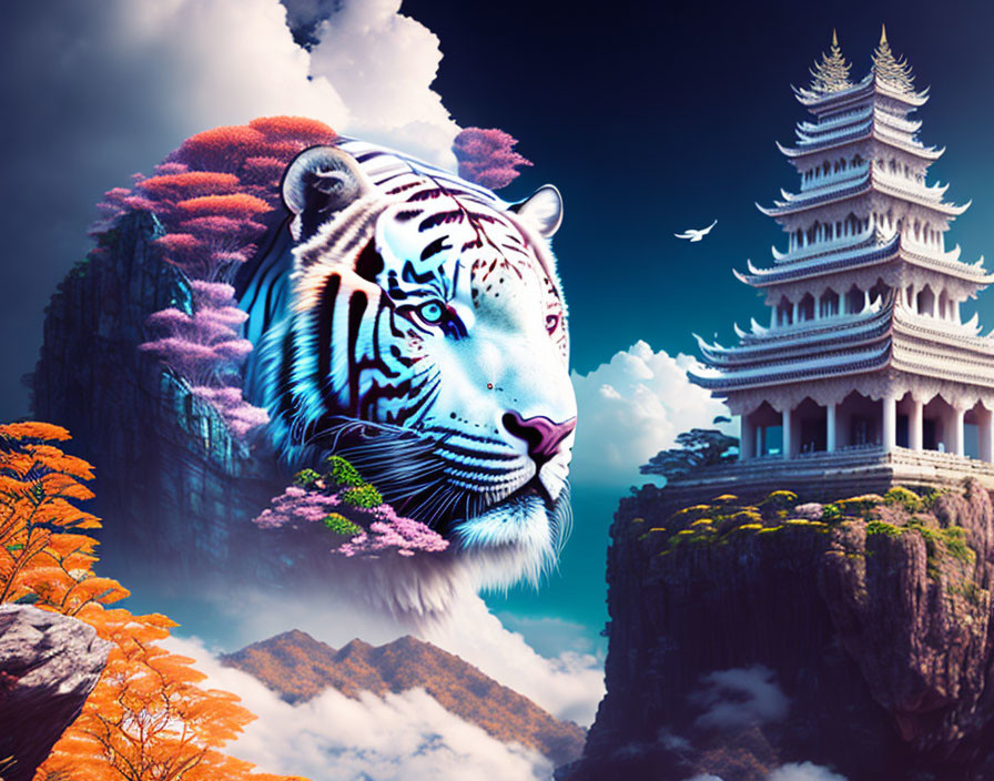 Surreal white tiger face on cliff with pagoda and foliage