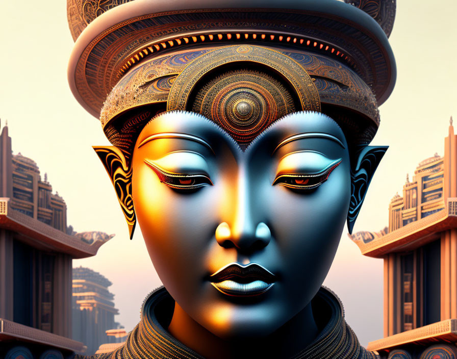 Symmetrical golden face with intricate patterns in futuristic cityscape