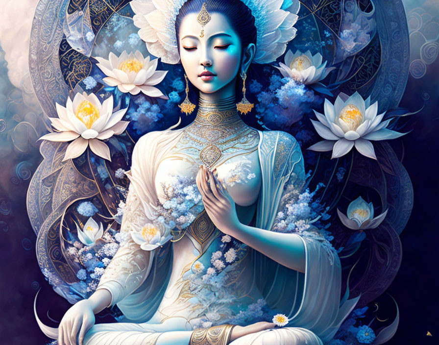 Blue-skinned woman meditating among lotus flowers with gold and white floral details.