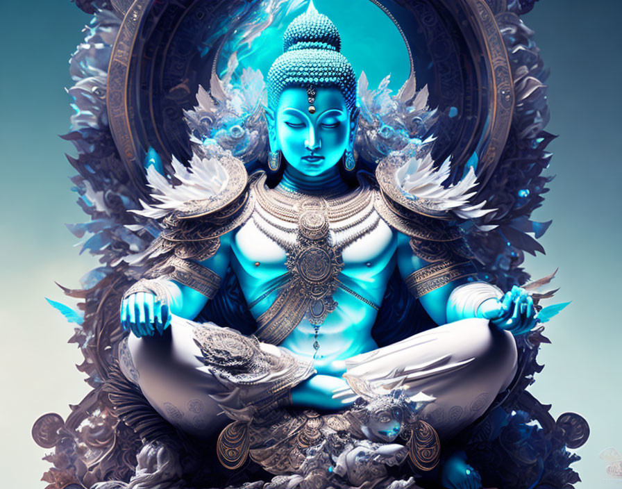 Blue-toned multi-armed figure meditating with ornate halo and jewelry