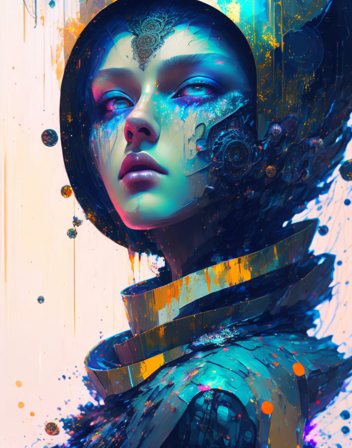 Futuristic female figure with cybernetic enhancements in vibrant digital artwork