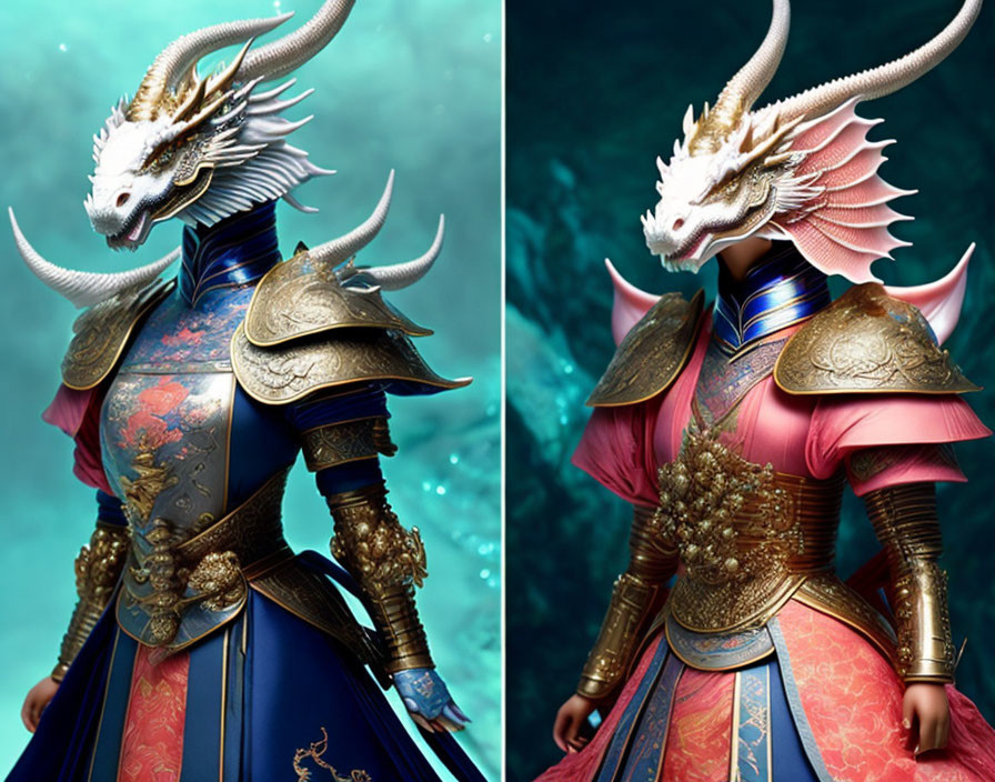 Person in ornate dragon-themed armor with white dragon headpiece, gold accents, blue and pink fabric