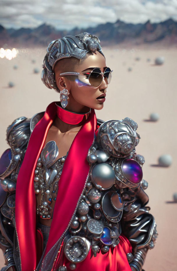 Futuristic woman in metallic outfit with reflective glasses in desert setting