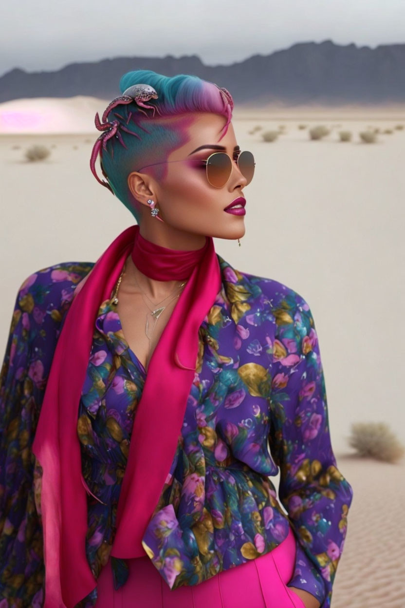 Fashionable woman with blue-pink hair and sunglasses in desert setting